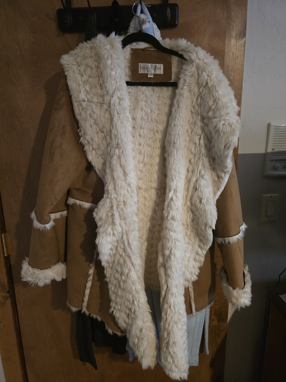 Faux Shearling Hooded Coat - Cream and Tan